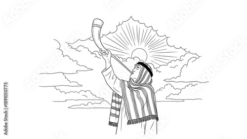 Man blowing shofar under sunrays in sky - traditional religious ceremony
