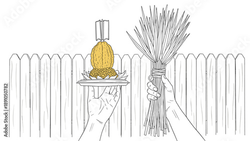 Hand drawn lulav and etrog against wooden fence for sukkot celebration