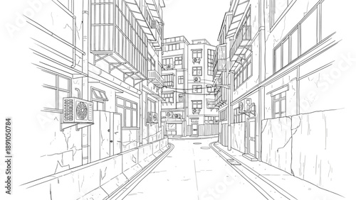 Urban alleyway with air conditioners in linear style cityscape