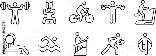 fitness health physical exercise gym sport black line icon set vector illustration design 