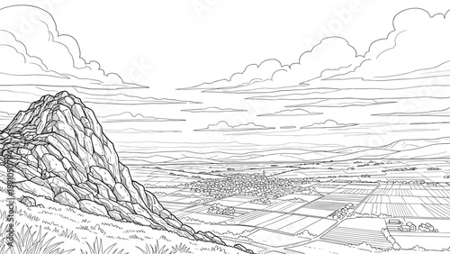 Scenic countryside landscape with mountains and fields in detailed outline art