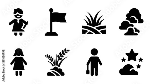 Set of minimalist silhouettes: people, nature, and symbols