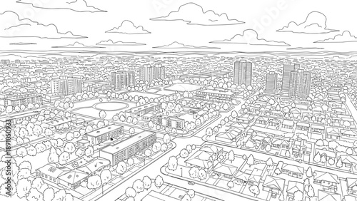 Urban cityscape in black and white line art featuring buildings and trees