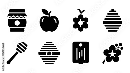 Black and white honey and apple icons with beehive and flower designs