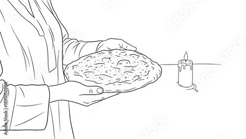 Hand-holding pizza outline with candle on table modern minimalist art