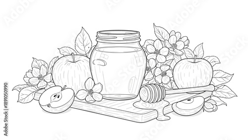 Line art: honey jar and apples with flowers in a nature inspired composition