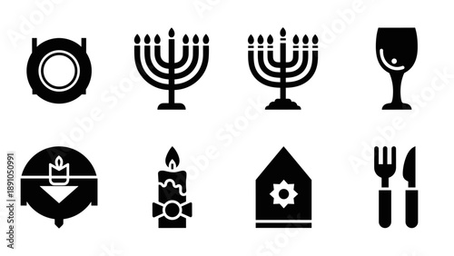Hanukkah symbol set: menorah, candle, tableware icons in black silhouette
