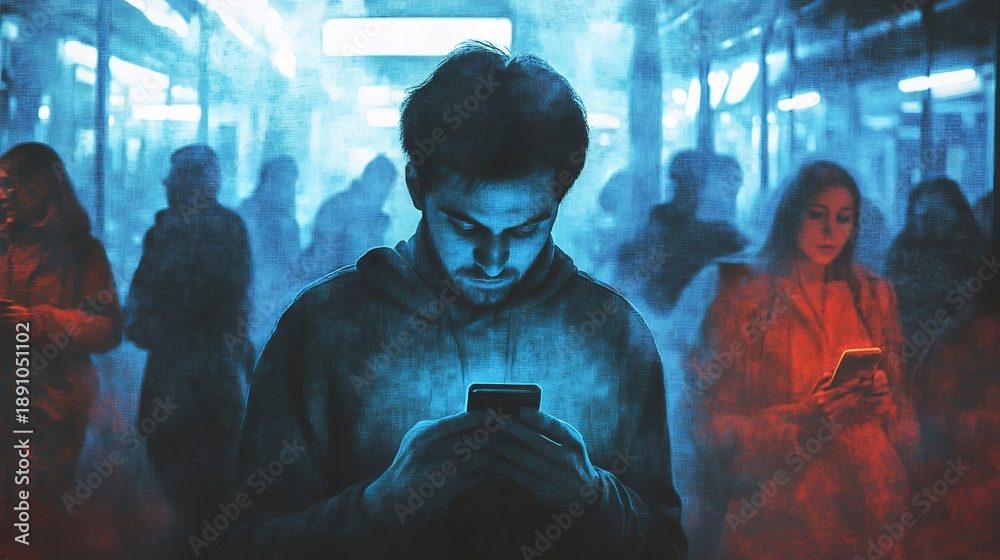 Obraz premium People using smartphones in a crowded subway station during evening rush hour with blue and red lighting effects