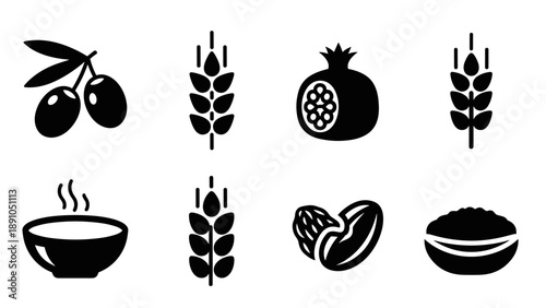 Food and agriculture icons: olives, wheat, pomegranate, soup, and more in black