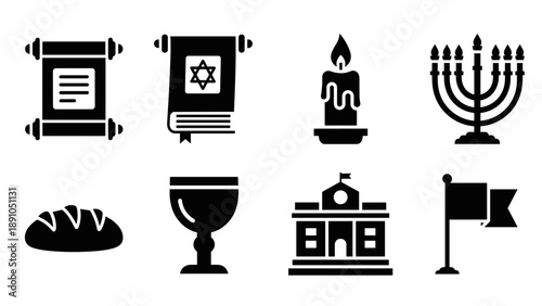 Silhouette symbols of jewish tradition: torah, menorah, challah, and more