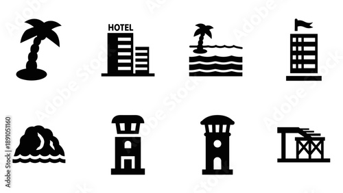Monochrome beach resort icons set: simple hotel and coastal landmarks