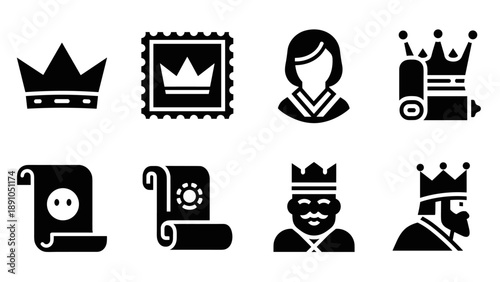 Royal icon set: crowns, kings, and scrolls in bold silhouette style