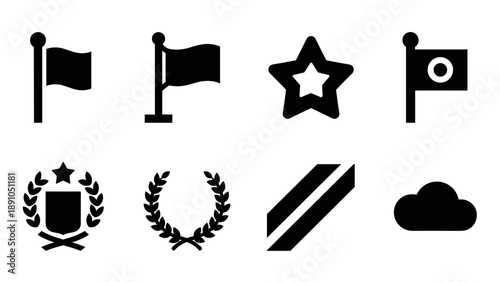 Minimalist collection of flags, shapes, and symbols in black silhouette style