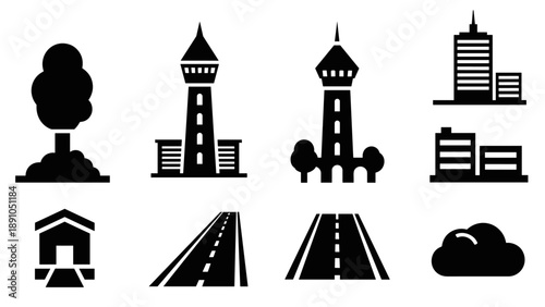 Silhouette urban icons: buildings, roads, and natural elements in black and white