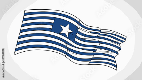 Waving blue and white striped flag with star design in bold style