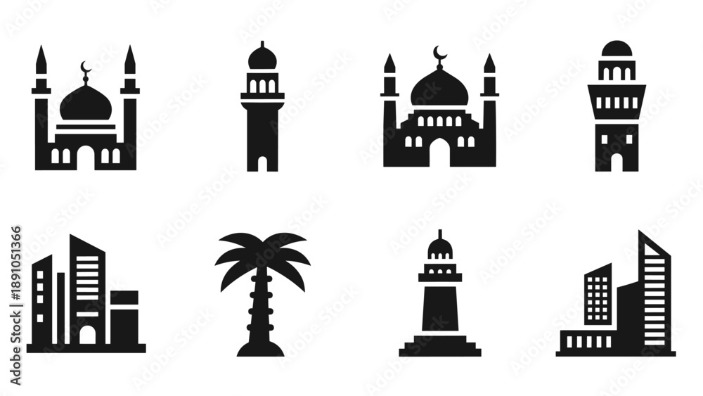 Fototapeta premium Simple silhouette icons of middle eastern architecture and landmarks