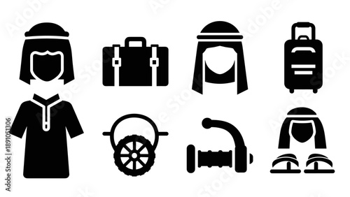 Silhouette icons of middle eastern culture and travel essentials