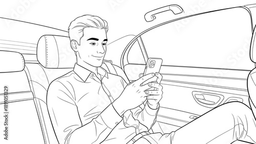 Man relaxing with smartphone in car interior line art design