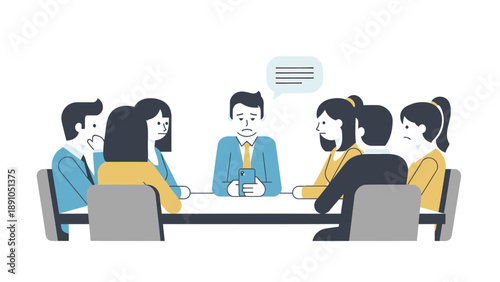 Business team meeting around a table with a man speaking and others listening attentively