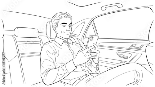 Man in car relaxing with smartphone in hand - black and white linear art