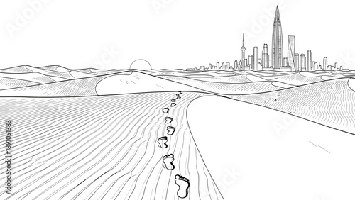 Cityscape horizon with footprints on desert sand dunes in black and white