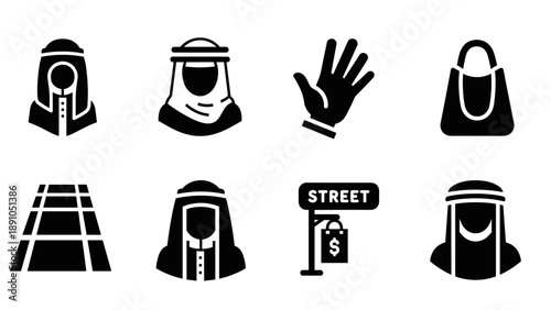 Middle eastern icon set: traditional clothing, road, sign, hand, bag on white