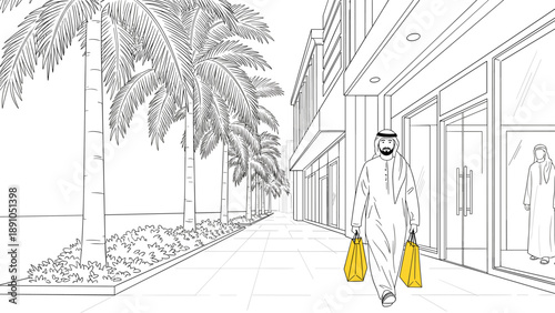 Middle eastern shopper walking outside modern mall in urban setting