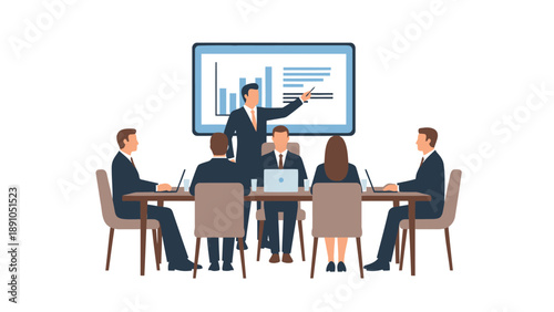 Business team in meeting with presentation on screen discussing graphs and data analysis