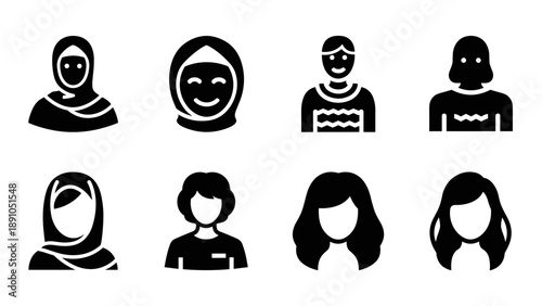 Silhouette icons of diverse women with different hairstyles and hijabs