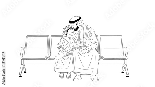 Father and son bonding in middle eastern traditional attire on airport seats
