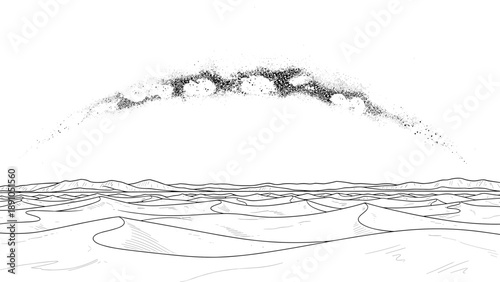 Monochrome desert landscape with starry milky way arch and dunes