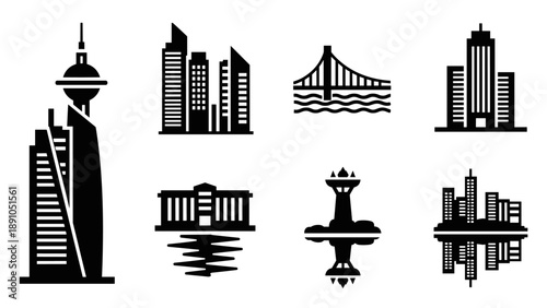 Iconic city architecture: silhouette of buildings and monuments