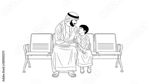 Father and son in traditional attire sitting on benches, monochrome linear art