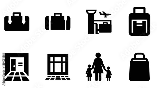 Travel icons set: luggage, security check, family, boarding