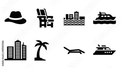 Beach vacation icons set: minimalist black silhouettes of travel and relaxation elements