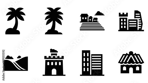 Black silhouette icons of nature and urban elements for logo and design projects