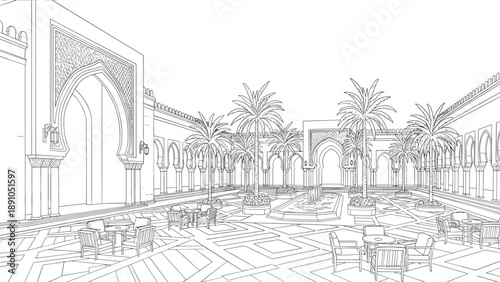 Linear architectural courtyard with palm trees and geometric patio design