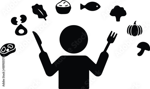 health diet concept person juggling various black icon set vector illustration design