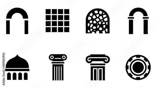 Architectural icon set: minimalist black and white symbols of classic structures