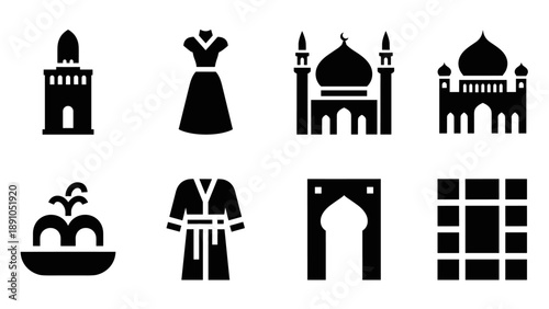 Islamic culture icons: mosque, dress, fountain, arch, and traditional attire in bold silhouette style