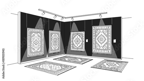 Modern interior showroom with geometric rugs displayed on walls and floors in monochrome
