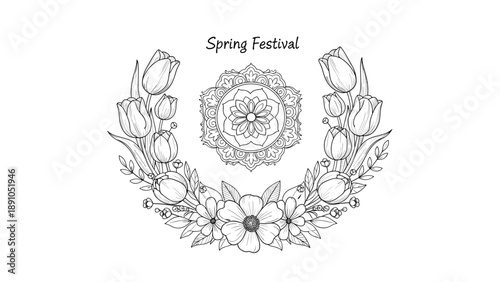 Floral wreath with mandala and tulips for spring celebration coloring