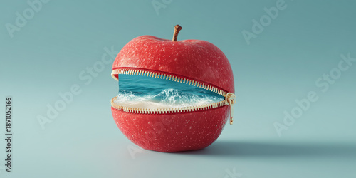 bright red apple with a realistic metal zipper opening to reveal a calm blue ocean inside as a symbol of hidden depth against a matte pastel cream background.