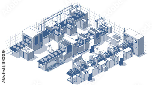 Industrial facility blueprint with machinery and equipment layout in isometric view