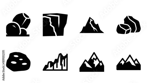 Silhouette icons of rocks and mountains: bold black shapes for nature themes