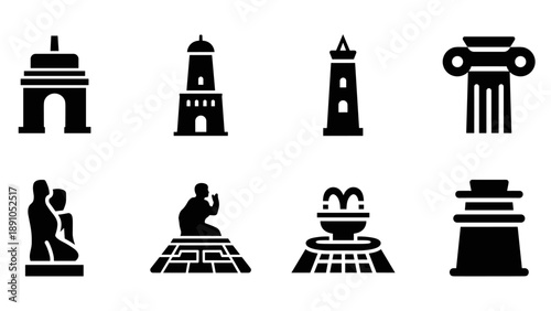 Icon collection of historical landmark silhouettes featuring lighthouses and monuments