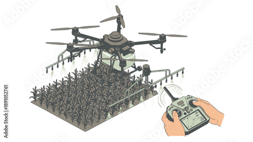Drone swarm controlled by remote hand flying over miniature crowd model with propellers