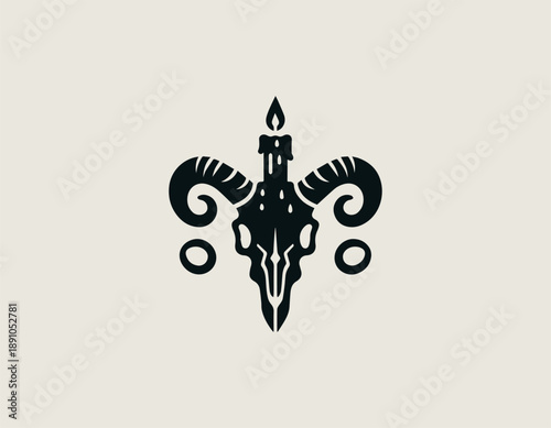 Black vector line art illustration of a ram or goat skull with large horns and candle flame