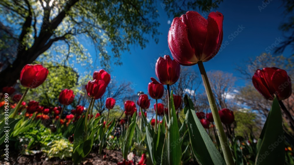 Obraz premium Crimson red tulips facing a clear azure sky with lush green foliage in the foreground, showcasing the vibrant beauty of spring blooms in a garden.