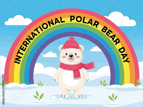 International polar bear day with cute cartoon bear and rainbow